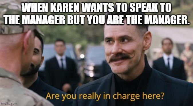 Are you really in charge here? | WHEN KAREN WANTS TO SPEAK TO THE MANAGER BUT YOU ARE THE MANAGER. | image tagged in are you really in charge here | made w/ Imgflip meme maker