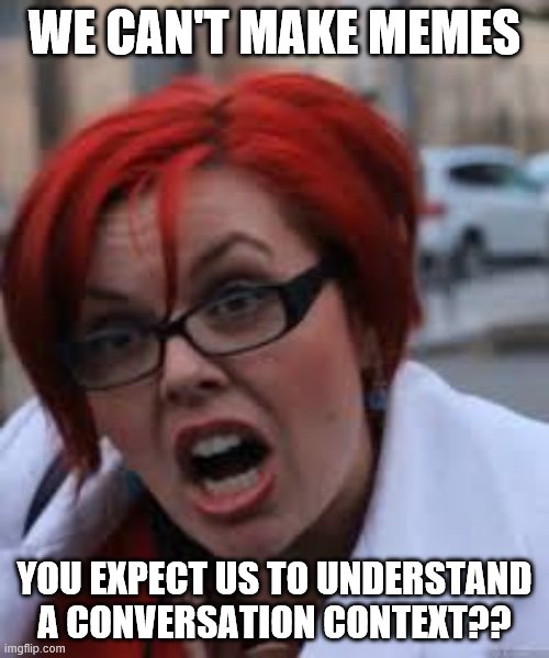 SJW Triggered | WE CAN'T MAKE MEMES; YOU EXPECT US TO UNDERSTAND A CONVERSATION CONTEXT?? | image tagged in sjw triggered | made w/ Imgflip meme maker