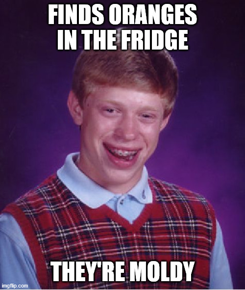 MOLDY ORANGE!!! | FINDS ORANGES IN THE FRIDGE; THEY'RE MOLDY | image tagged in memes,bad luck brian | made w/ Imgflip meme maker