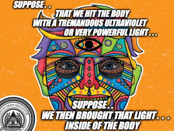 Hit the Body . . inside the body | SUPPOSE .  .   
                            THAT WE HIT THE BODY                                        WITH A TREMANDOUS ULTRAVIOLET
                                  OR VERY POWERFUL LIGHT . . . SUPPOSE . .
               WE THEN BROUGHT THAT LIGHT .  .  .
           INSIDE OF THE BODY | image tagged in trump,inject,lysol,disinfecnant,meme | made w/ Imgflip meme maker