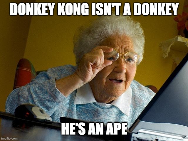 Grandma Finds The Internet | DONKEY KONG ISN'T A DONKEY; HE'S AN APE | image tagged in memes,grandma finds the internet | made w/ Imgflip meme maker