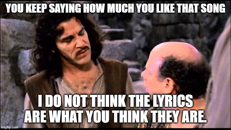  Princess bride inigo vizzini inconceivable | YOU KEEP SAYING HOW MUCH YOU LIKE THAT SONG; I DO NOT THINK THE LYRICS ARE WHAT YOU THINK THEY ARE. | image tagged in princess bride inigo vizzini inconceivable | made w/ Imgflip meme maker