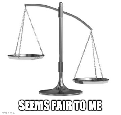 scales of justice | SEEMS FAIR TO ME | image tagged in scales of justice | made w/ Imgflip meme maker