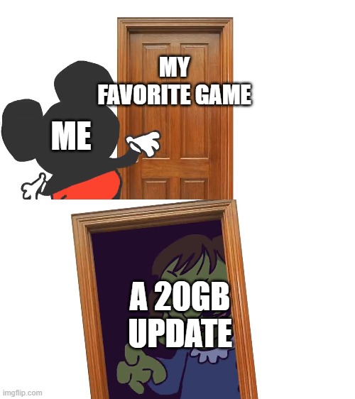 Mockey Gets Spooped | MY FAVORITE GAME; ME; A 20GB UPDATE | image tagged in mockey gets spooped | made w/ Imgflip meme maker