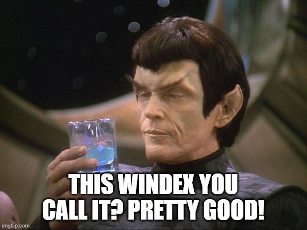 If It's Blue Drink It Down | THIS WINDEX YOU CALL IT? PRETTY GOOD! | image tagged in romulan | made w/ Imgflip meme maker