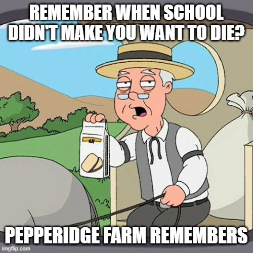Pepperidge Farm Remembers Meme | REMEMBER WHEN SCHOOL DIDN'T MAKE YOU WANT TO DIE? PEPPERIDGE FARM REMEMBERS | image tagged in memes,pepperidge farm remembers | made w/ Imgflip meme maker