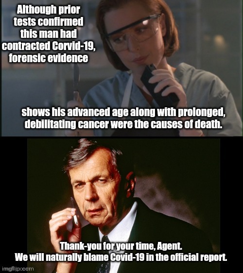 Scully's autopsy findings vs Covid-19 hype | image tagged in scully's autopsy findings vs covid-19 hype,coronavirus,leftist agenda,propaganda,xfiles | made w/ Imgflip meme maker