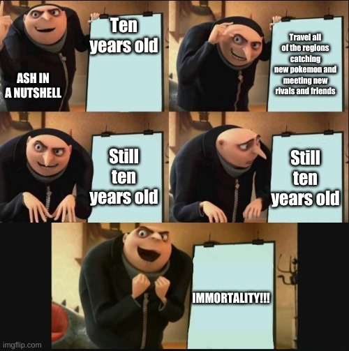 5 panel gru meme | Ten years old; Travel all of the regions catching new pokemon and meeting new rivals and friends; ASH IN A NUTSHELL; Still ten years old; Still ten years old; IMMORTALITY!!! | image tagged in 5 panel gru meme | made w/ Imgflip meme maker