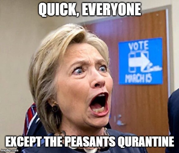 Hillary Clinton | QUICK, EVERYONE; EXCEPT THE PEASANTS QURANTINE | image tagged in hillary clinton,covid-19,quarantine,social distancing,essential,coronavirus | made w/ Imgflip meme maker
