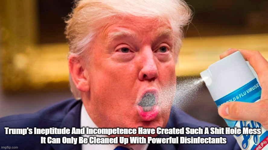 "Trump's Ineptitude And Incompetence Have Created..." | Trump's Ineptitude And Incompetence Have Created Such A Shit Hole Mess 
It Can Only Be Cleaned Up With Powerful Disinfectants | image tagged in trump,lysol,disinfectant,lies-all,hydroxychloroquine | made w/ Imgflip meme maker