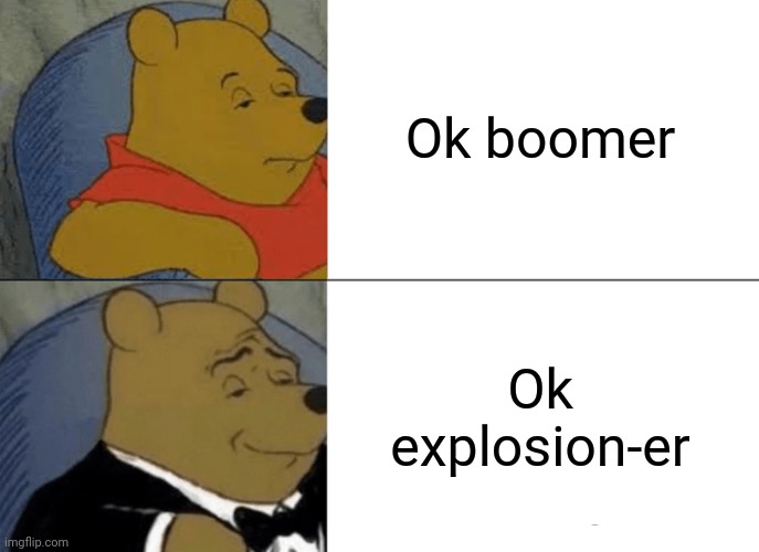 I'm bored ok | Ok boomer; Ok explosion-er | image tagged in memes,tuxedo winnie the pooh | made w/ Imgflip meme maker