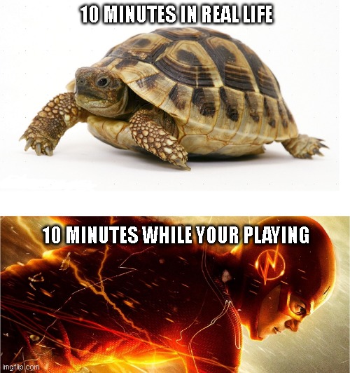 Slow vs Fast Meme | 10 MINUTES IN REAL LIFE; 10 MINUTES WHILE YOUR PLAYING | image tagged in slow vs fast meme | made w/ Imgflip meme maker