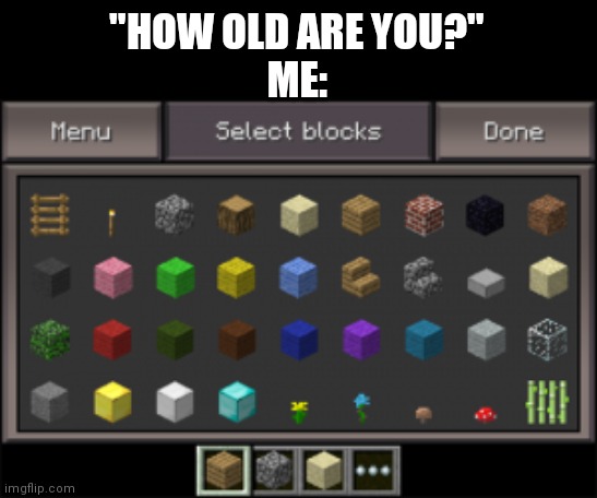 "HOW OLD ARE YOU?"
ME: | image tagged in memes,dank memes,minecraft,nostalgia,video games,gaming | made w/ Imgflip meme maker