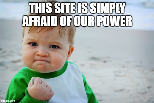 Success Kid Original Meme | THIS SITE IS SIMPLY AFRAID OF OUR POWER | image tagged in memes,success kid original | made w/ Imgflip meme maker