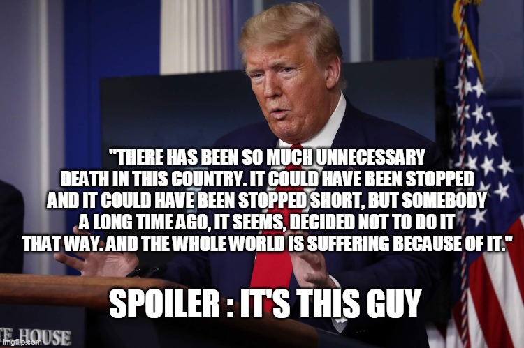 "THERE HAS BEEN SO MUCH UNNECESSARY DEATH IN THIS COUNTRY. IT COULD HAVE BEEN STOPPED AND IT COULD HAVE BEEN STOPPED SHORT, BUT SOMEBODY A LONG TIME AGO, IT SEEMS, DECIDED NOT TO DO IT THAT WAY. AND THE WHOLE WORLD IS SUFFERING BECAUSE OF IT."; SPOILER : IT'S THIS GUY | image tagged in trump | made w/ Imgflip meme maker