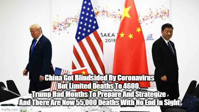 China Got Blindsided By Coronavirus But Limited Deaths To 4600. 
Trump Had Months To Prepare And Strategize 
And There Are Now 55,000 Deaths | made w/ Imgflip meme maker