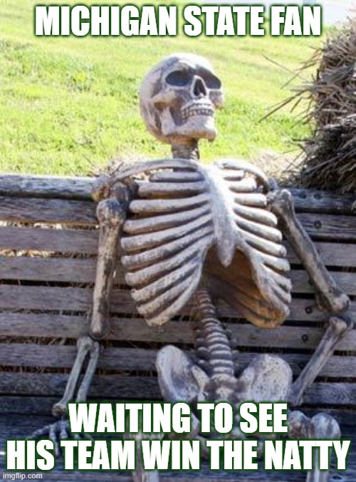 Waiting for the WIN!!! | MICHIGAN STATE FAN; WAITING TO SEE HIS TEAM WIN THE NATTY | image tagged in memes,waiting skeleton | made w/ Imgflip meme maker