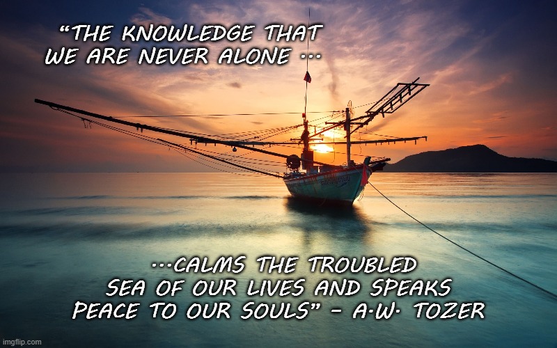 Hebrews thirteen five | “THE KNOWLEDGE THAT WE ARE NEVER ALONE ... ...CALMS THE TROUBLED SEA OF OUR LIVES AND SPEAKS PEACE TO OUR SOULS” – A.W. TOZER | image tagged in new,testament,tozer,jesus | made w/ Imgflip meme maker