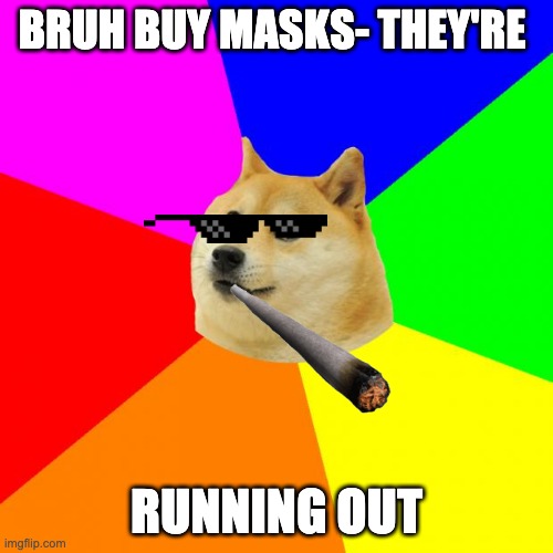 Advice Doge Meme | BRUH BUY MASKS- THEY'RE; RUNNING OUT | image tagged in memes,advice doge | made w/ Imgflip meme maker