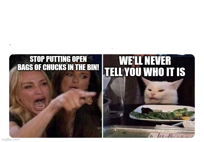 Housewives cat | WE'LL NEVER TELL YOU WHO IT IS; STOP PUTTING OPEN BAGS OF CHUCKS IN THE BIN! | image tagged in housewives cat | made w/ Imgflip meme maker