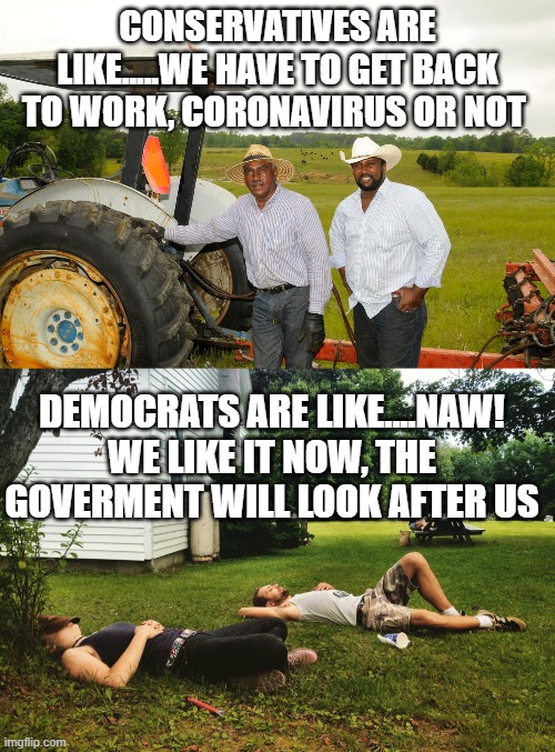 politics | CONSERVATIVES ARE LIKE.....WE HAVE TO GET BACK TO WORK, CORONAVIRUS OR NOT; DEMOCRATS ARE LIKE....NAW! WE LIKE IT NOW, THE GOVERMENT WILL LOOK AFTER US | image tagged in political meme | made w/ Imgflip meme maker