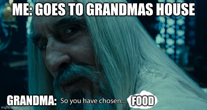 Realistic | ME: GOES TO GRANDMAS HOUSE; GRANDMA:; FOOD | image tagged in so you have chosen death,food,grandma | made w/ Imgflip meme maker