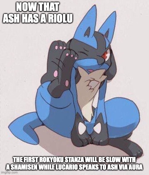 Lucario Grooming Itself | NOW THAT ASH HAS A RIOLU; THE FIRST ROKYOKU STANZA WILL BE SLOW WITH A SHAMISEN WHILE LUCARIO SPEAKS TO ASH VIA AURA | image tagged in lucario,memes,pokemon | made w/ Imgflip meme maker