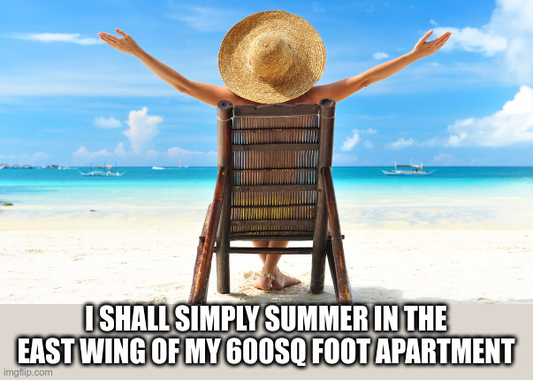 got my summer planned out | I SHALL SIMPLY SUMMER IN THE EAST WING OF MY 600SQ FOOT APARTMENT | image tagged in vacation pic,summer vacation,denial,apartment,quarantine | made w/ Imgflip meme maker