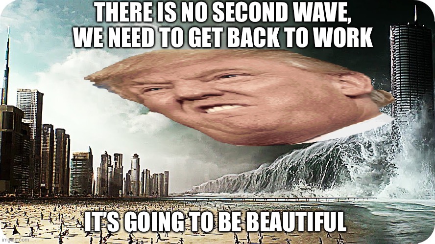Like a miracle | THERE IS NO SECOND WAVE, WE NEED TO GET BACK TO WORK; IT’S GOING TO BE BEAUTIFUL | image tagged in tidal wave destroying beach or city,trump,donald trump,coronavirus,corona virus,briefing | made w/ Imgflip meme maker