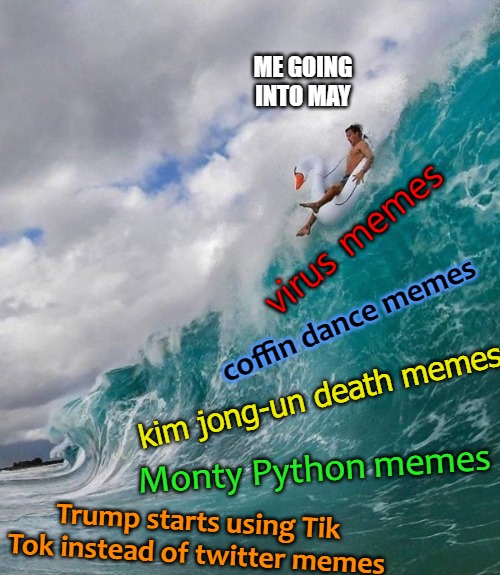 ME GOING INTO MAY; virus memes; coffin dance memes; kim jong-un death memes; Monty Python memes; Trump starts using Tik Tok instead of twitter memes | image tagged in memes | made w/ Imgflip meme maker