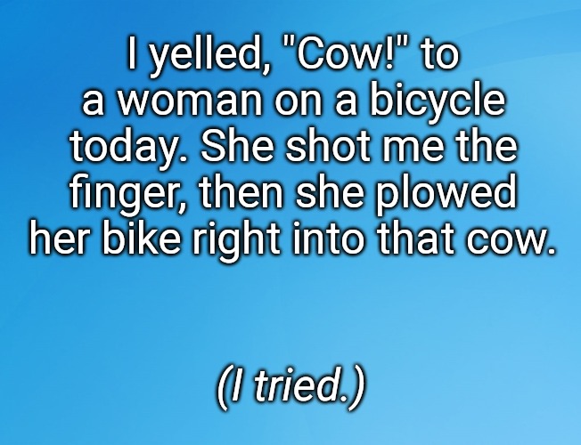 Blue Background 42 | I yelled, "Cow!" to a woman on a bicycle today. She shot me the finger, then she plowed her bike right into that cow. (I tried.) | image tagged in blue background 42 | made w/ Imgflip meme maker