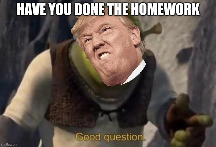 Shrek good question | HAVE YOU DONE THE HOMEWORK | image tagged in shrek good question | made w/ Imgflip meme maker