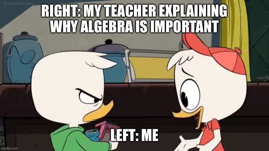 Annoyed Louie | RIGHT: MY TEACHER EXPLAINING WHY ALGEBRA IS IMPORTANT; LEFT: ME | image tagged in annoyed louie | made w/ Imgflip meme maker