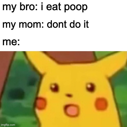 Surprised Pikachu | my bro: i eat poop; my mom: dont do it; me: | image tagged in memes,surprised pikachu | made w/ Imgflip meme maker