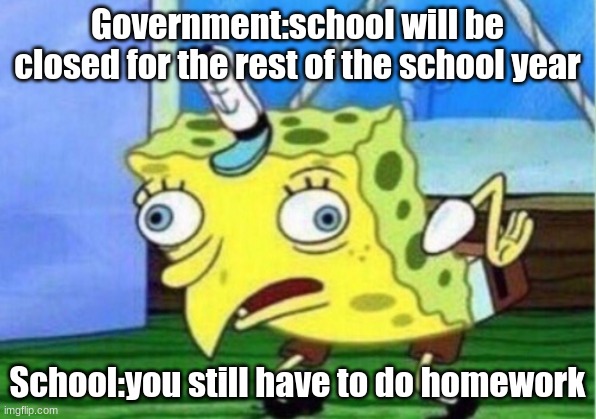 Mocking Spongebob | Government:school will be closed for the rest of the school year; School:you still have to do homework | image tagged in memes,mocking spongebob | made w/ Imgflip meme maker