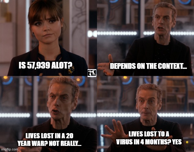 Is 4 alot | DEPENDS ON THE CONTEXT... IS 57,939 ALOT? LIVES LOST TO A VIRUS IN 4 MONTHS? YES; LIVES LOST IN A 20 YEAR WAR? NOT REALLY... | image tagged in is 4 alot | made w/ Imgflip meme maker