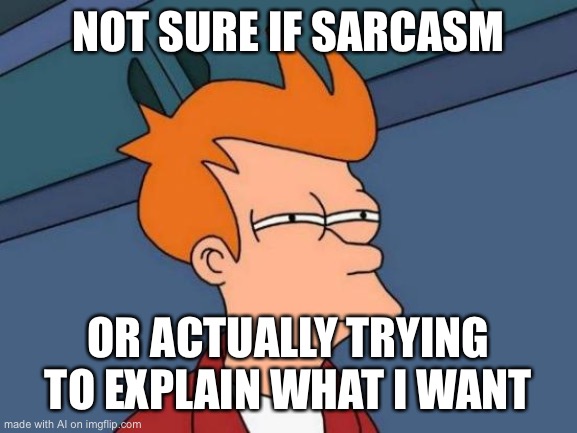 Futurama Fry Meme | NOT SURE IF SARCASM; OR ACTUALLY TRYING TO EXPLAIN WHAT I WANT | image tagged in memes,futurama fry | made w/ Imgflip meme maker