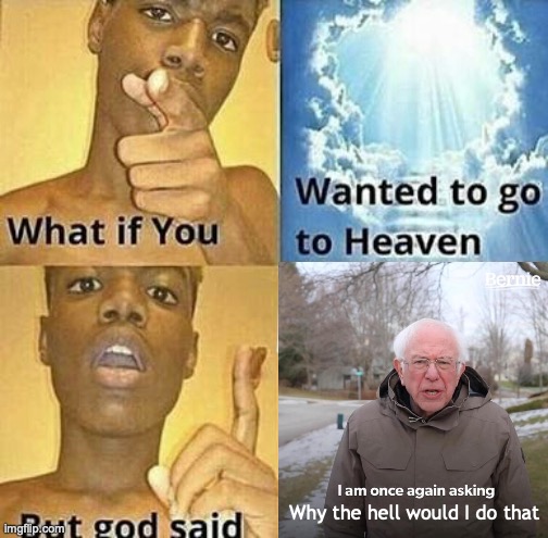 What if you wanted to go to Heaven | Why the hell would I do that | image tagged in what if you wanted to go to heaven | made w/ Imgflip meme maker