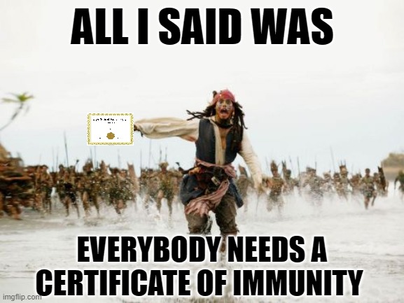 Jack Sparrow Being Chased | ALL I SAID WAS; EVERYBODY NEEDS A CERTIFICATE OF IMMUNITY | image tagged in memes,jack sparrow being chased,covid-19,covid19,covid 19,covidiots | made w/ Imgflip meme maker