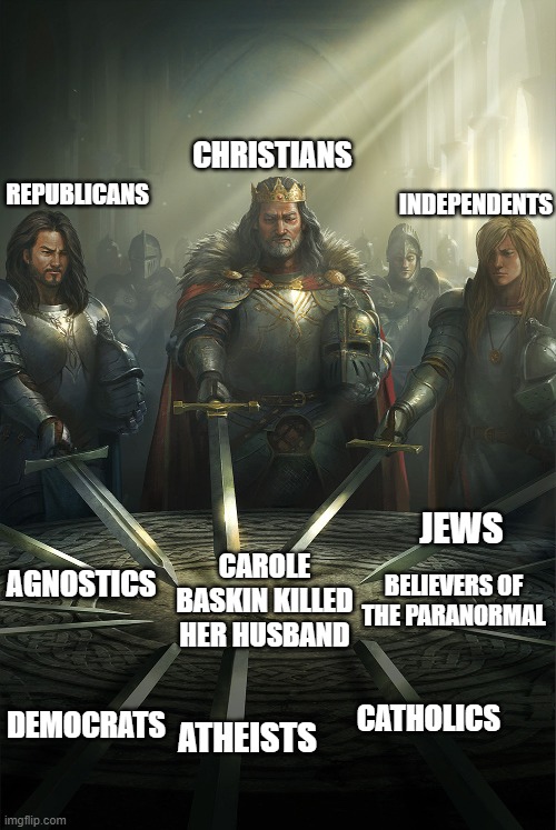 I've never seen one episode of Tiger King, but this seems to be the general consensus | REPUBLICANS; INDEPENDENTS; CHRISTIANS; JEWS; AGNOSTICS; CAROLE BASKIN KILLED HER HUSBAND; BELIEVERS OF THE PARANORMAL; CATHOLICS; DEMOCRATS; ATHEISTS | image tagged in swords united,tiger king,carole baskin | made w/ Imgflip meme maker