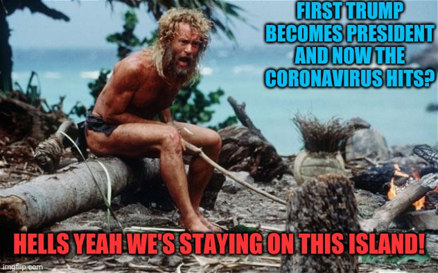 Island Paradise | FIRST TRUMP BECOMES PRESIDENT AND NOW THE CORONAVIRUS HITS? HELLS YEAH WE'S STAYING ON THIS ISLAND! | image tagged in wilson - tom hanks,coronavirus,donald trump,2020,social distancing | made w/ Imgflip meme maker