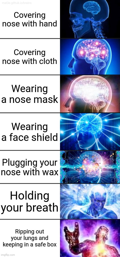 How to be safe from covid19 | Covering nose with hand; Covering nose with cloth; Wearing a nose mask; Wearing a face shield; Plugging your nose with wax; Holding your breath; Ripping out your lungs and keeping in a safe box | image tagged in 7-tier expanding brain | made w/ Imgflip meme maker