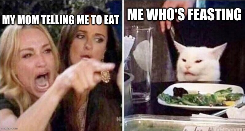 Crying girls and Cat | ME WHO'S FEASTING; MY MOM TELLING ME TO EAT | image tagged in crying girls and cat | made w/ Imgflip meme maker