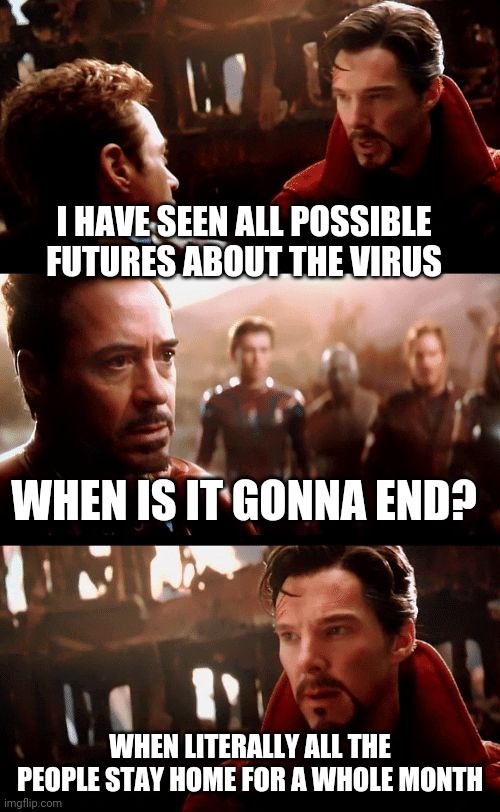 Oh, murrica is so srewed... | I HAVE SEEN ALL POSSIBLE FUTURES ABOUT THE VIRUS; WHEN IS IT GONNA END? WHEN LITERALLY ALL THE PEOPLE STAY HOME FOR A WHOLE MONTH | image tagged in infinity war - 14mil futures | made w/ Imgflip meme maker