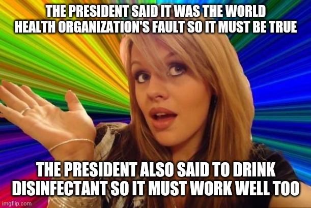 Dumb Blonde Meme | THE PRESIDENT SAID IT WAS THE WORLD HEALTH ORGANIZATION'S FAULT SO IT MUST BE TRUE THE PRESIDENT ALSO SAID TO DRINK DISINFECTANT SO IT MUST  | image tagged in memes,dumb blonde | made w/ Imgflip meme maker