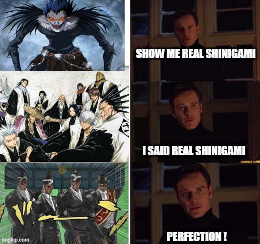 perfection | SHOW ME REAL SHINIGAMI; I SAID REAL SHINIGAMI; PERFECTION ! | image tagged in perfection,jojo's bizarre adventure,jojo,bleach,death note | made w/ Imgflip meme maker