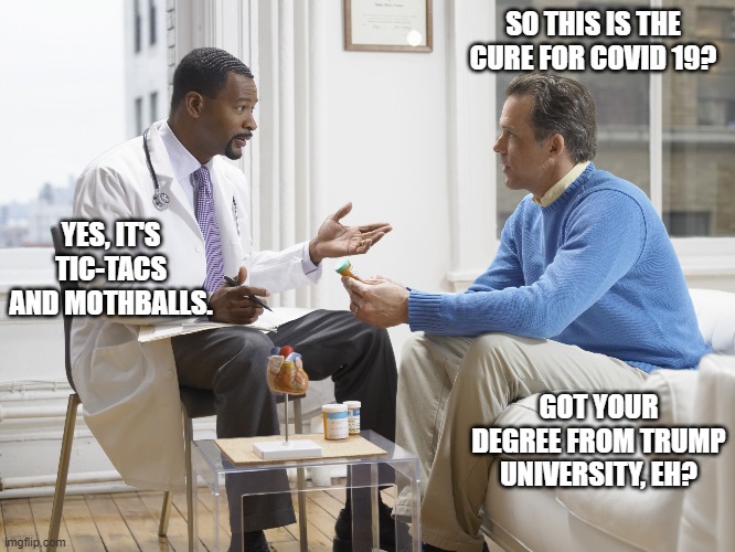 Doctor patient | SO THIS IS THE CURE FOR COVID 19? YES, IT'S TIC-TACS AND MOTHBALLS. GOT YOUR DEGREE FROM TRUMP UNIVERSITY, EH? | image tagged in doctor patient | made w/ Imgflip meme maker