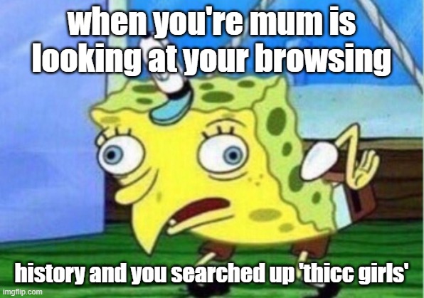 Mocking Spongebob | when you're mum is looking at your browsing; history and you searched up 'thicc girls' | image tagged in memes,mocking spongebob | made w/ Imgflip meme maker