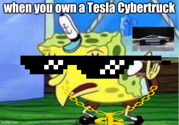 no | when you own a Tesla Cybertruck | image tagged in memes,mocking spongebob | made w/ Imgflip meme maker