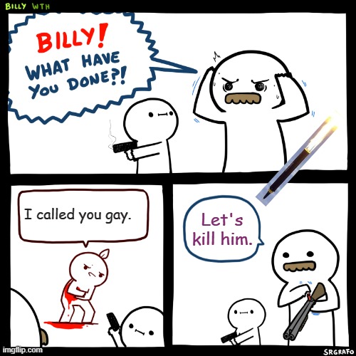 Billy, What Have You Done | I called you gay. Let's kill him. | image tagged in billy what have you done | made w/ Imgflip meme maker